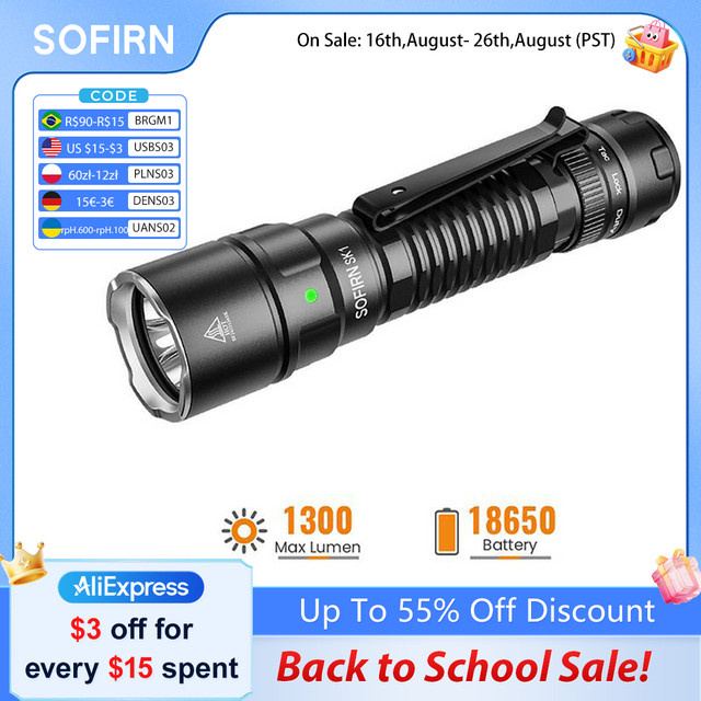 SOFIRN SK1 Taktische LED-Taschenlampe in Schwarz mit 1300 Lumen, SFT25R LED, Endschalter und Drehschalter, wiederaufladbar - Bild 1