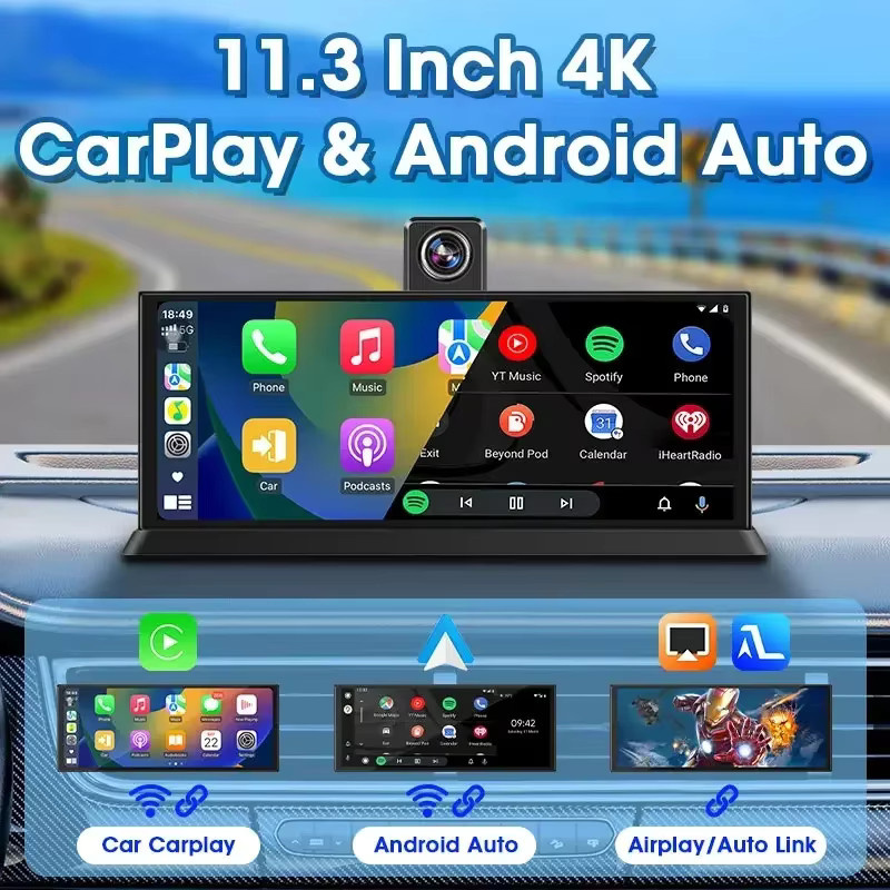 Jansite 4K Dash Cam mit 11,3 Zoll Display, 360 Grad rotierbarer Kamera, Wireless CarPlay, Android Auto und Bluetooth in Schwarz - Bild 3