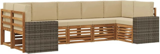 vidaXL Ecksofa Set in L-Form aus Akazienholz und Polyester in Natur-Beige mit Kissen und Armlehnen - Bild 1