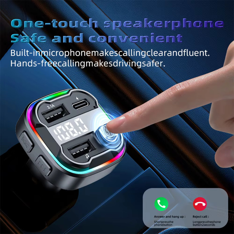 LUTU Bluetooth 5.3 FM Transmitter mit Dual USB und Typ-C 3.1A Schnellladegerät, AUX Audio Adapter Car Kit mit Freisprecheinrichtung und MP3 Modulator in Schwarz - Bild 3