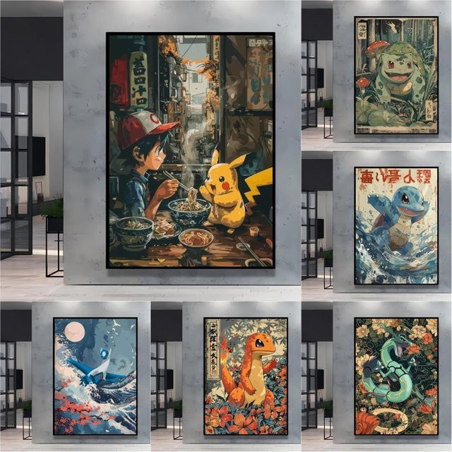 Takara Tomy Pokemon Leinwanddruck mit Pikachu und Bulbasaur im Retro-Stil, mehrfarbige Anime-Illustration zur Wanddekoration - Bild 1