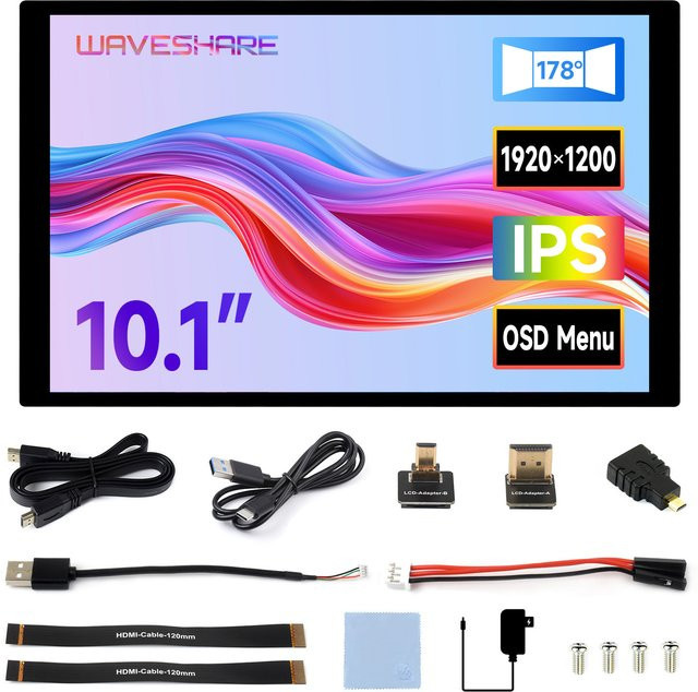 Waveshare 10,1 Zoll IPS Kapazitives Touch-Display mit HDMI und 1920 x 1200 Auflösung in Schwarz für Raspberry Pi - Bild 1