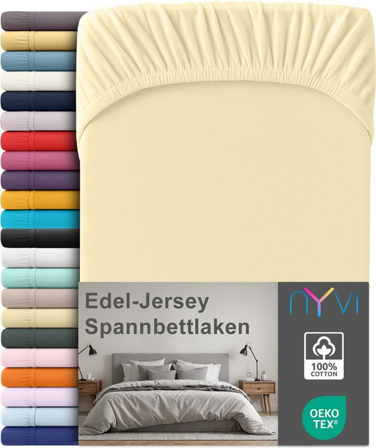 NYVI Edel Jersey Spannbettlaken Deluxe aus 100% supergekämmter Baumwolle, Farbe: Beige, B/T: 90 x 200 cm, Steghöhe bis 25 cm - Bild 1