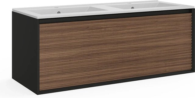 Vente-unique Doppelwaschtisch Baniva in Schwarz und Naturholz mit geriffeltem Design, B/T/H: 120 x 45 x 46 cm - Bild 1