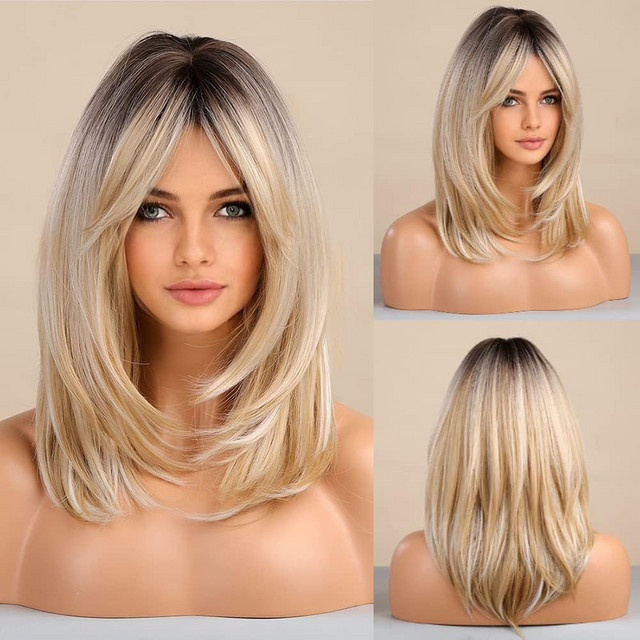 WENYAN Haarperücke Damen, blond, synthetisch, gewellt mit Pony, 14 Zoll - Bild 1