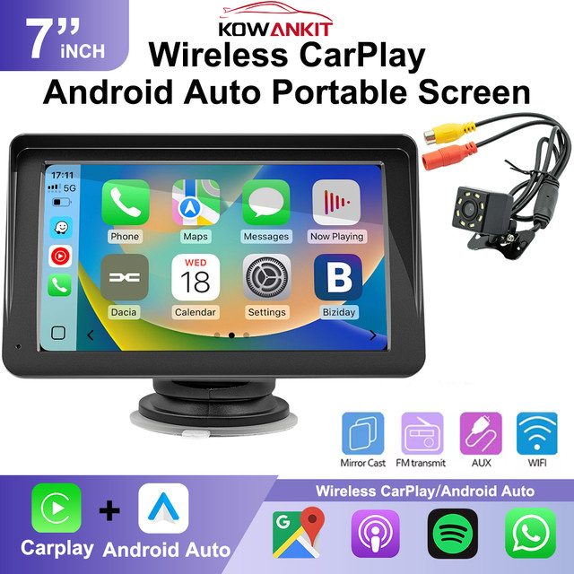 Kowankit Universelles 7-Zoll Autoradio mit kabellosem Carplay und Android Auto, Multimedia-Videoplayer in Schwarz - Bild 1