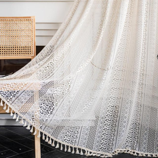 Boho-Fenstervorhänge aus Baumwolle und Leinen mit Quasten in Boho Berry, halbtransparent, Landhausstil, B: 150 cm, H: 240 cm - Bild 1
