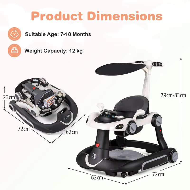 6-in-1 Babywalker Aktivitätscenter mit Verdeck und Musik, tragbare Hüpf- und Schaukelkombination für Kleinkinder, weiß - Bild 6