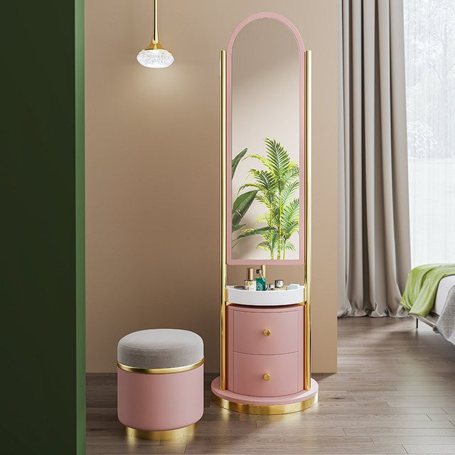Schminktisch DUTRIEUX in Beige, Braun, Gold und Weiß mit Stauraum und runden Details im Glamour-Stil - Bild 1