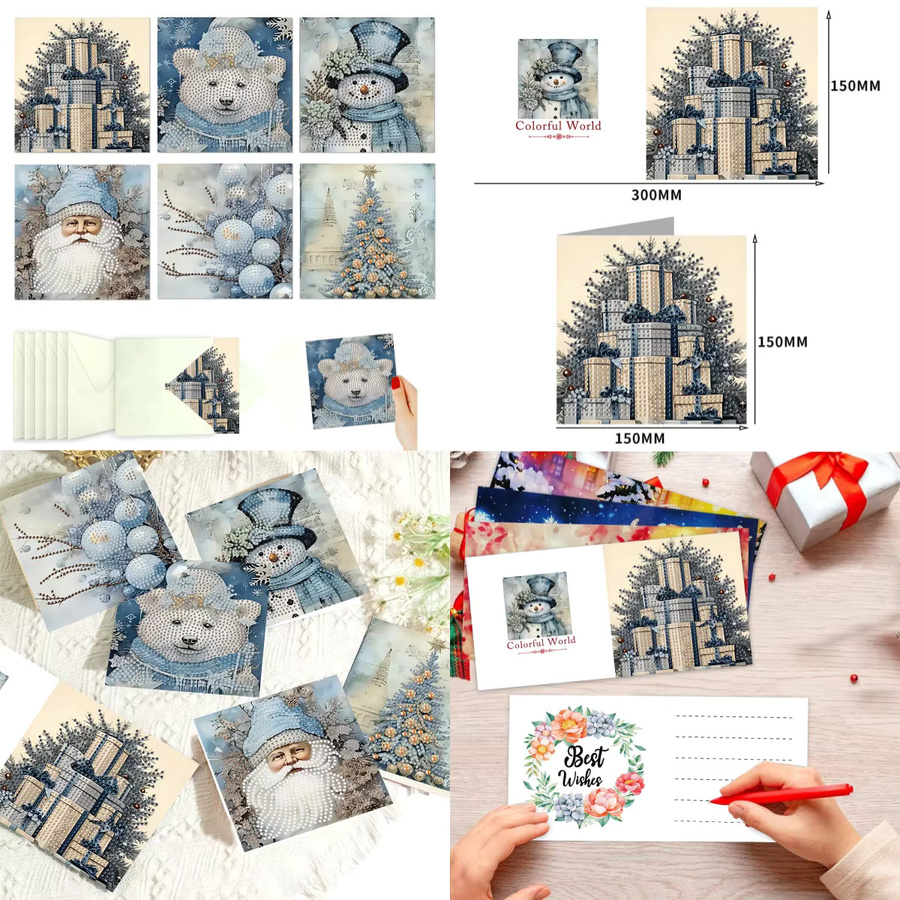 6-teiliges Diamant-Malerei Weihnachtskarten-Set mit Umschlag, Schneemann-Zwerg Bastelset für Erwachsene, Mehrfarbig - Bild 2