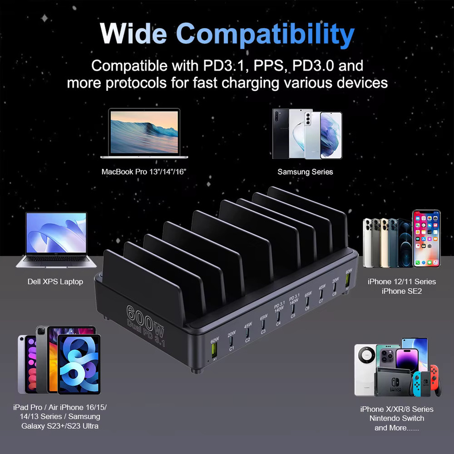 Ueetop 600 W Multi-USB-Schnellladegerät mit 10 Ports, GaN PD 3.1 Ladestation in Schwarz für MacBook, iPhone, iPad, Samsung und Laptop - Bild 6