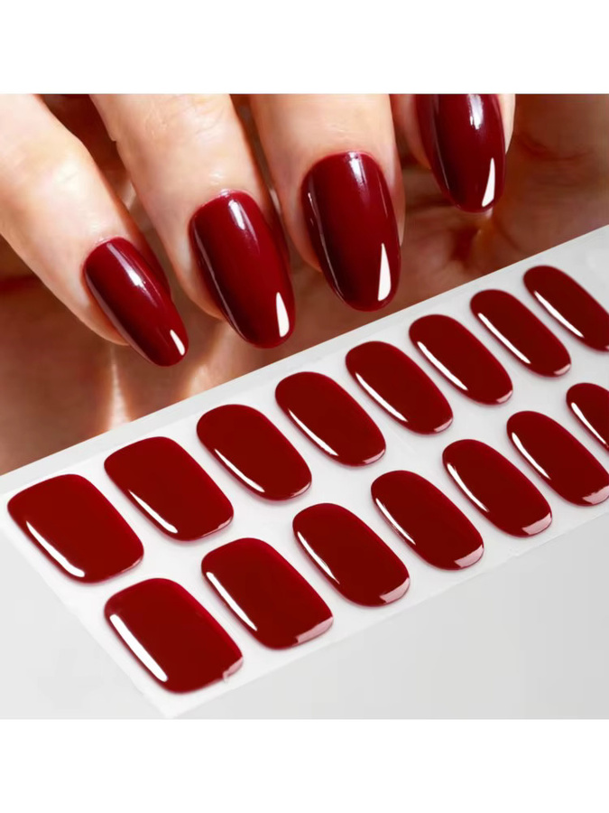 HotPress Semi-Cured Gel-Nagelaufkleber, Burgunderrot, Glänzend, 16 Stück - Bild 2
