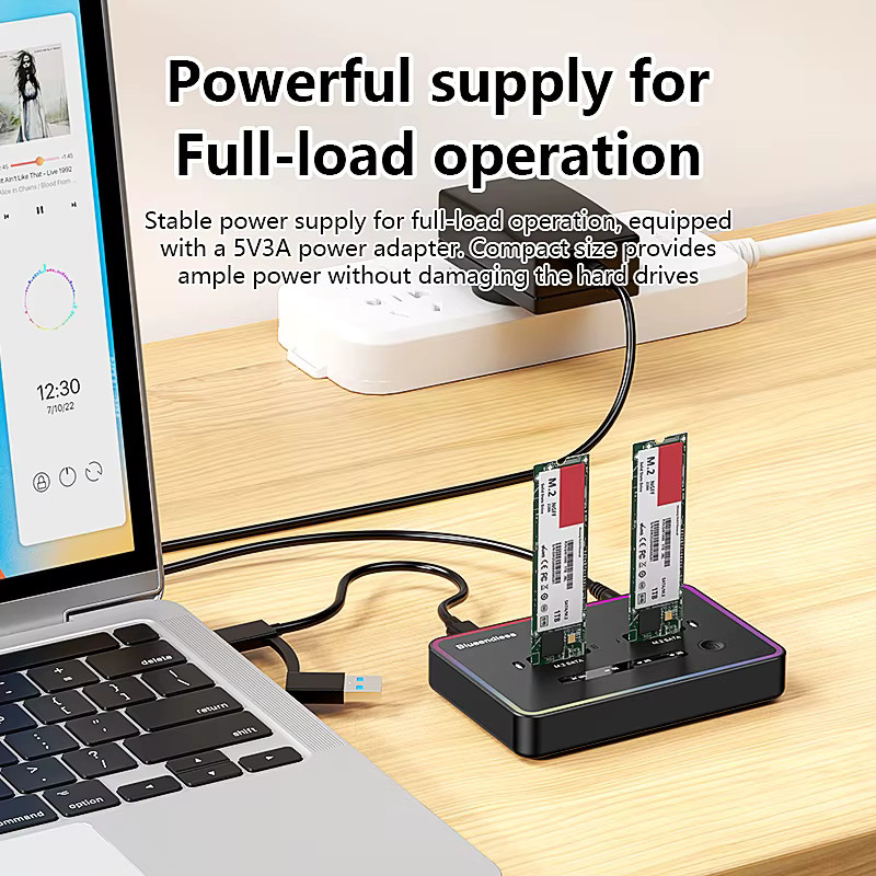 Blueendless Offline-Klon Dual M.2 NGFF SATA SSD-Gehäuse USB-C 2-Bay Dockingstation für 2230 2242 2260 2280 SSD, Schwarz - Bild 4