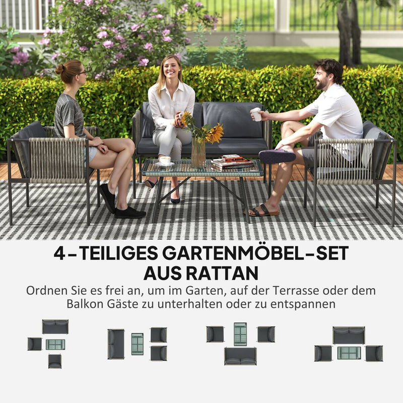 Outsunny Gartenmöbel Set Polyrattan Lounge-Set mit 2er Sofa Sessel und Glastisch in Grau für 4 Personen - Bild 3