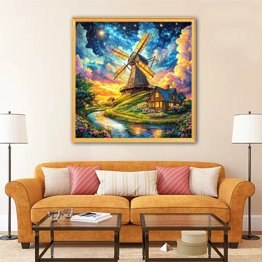 EverShine Diamant-Gemälde Windmühle und Haus als DIY Mosaik-Landschaft in Nachtlandschaft-Optik, Multicolor, B/H: 20 x 20 cm - Bild 3