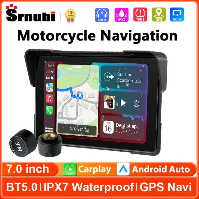 srnubi Motorrad-GPS-Navigation mit 7 Zoll Touchscreen, kabelloses CarPlay und Android Auto, TPMS-Unterstützung, Dual-Bluetooth, wasserdicht nach IPX7, Schwarz - Bild 1