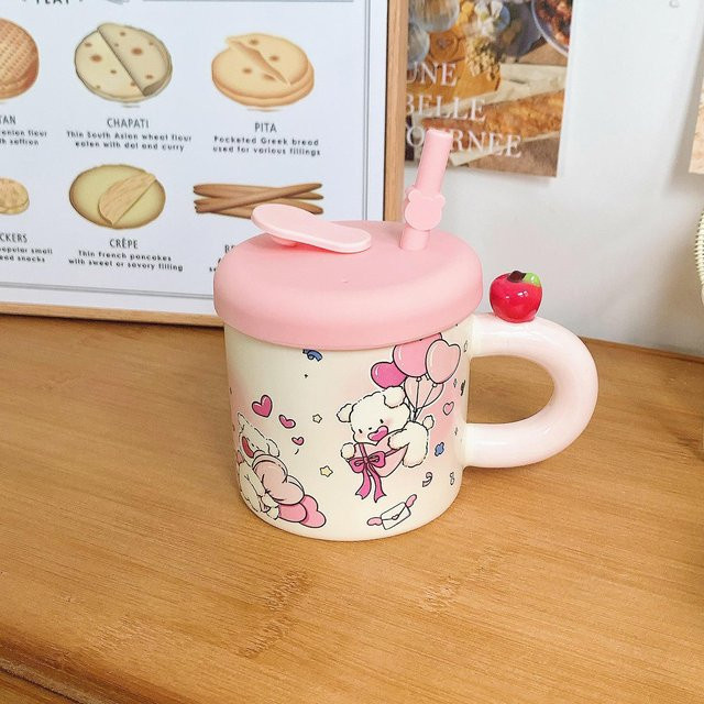 Keramiktasse mit Deckel und Strohhalm von Yiran toy 1, Apfel-Design, 400 ml, in Pink, Gelb oder Braun - Bild 1