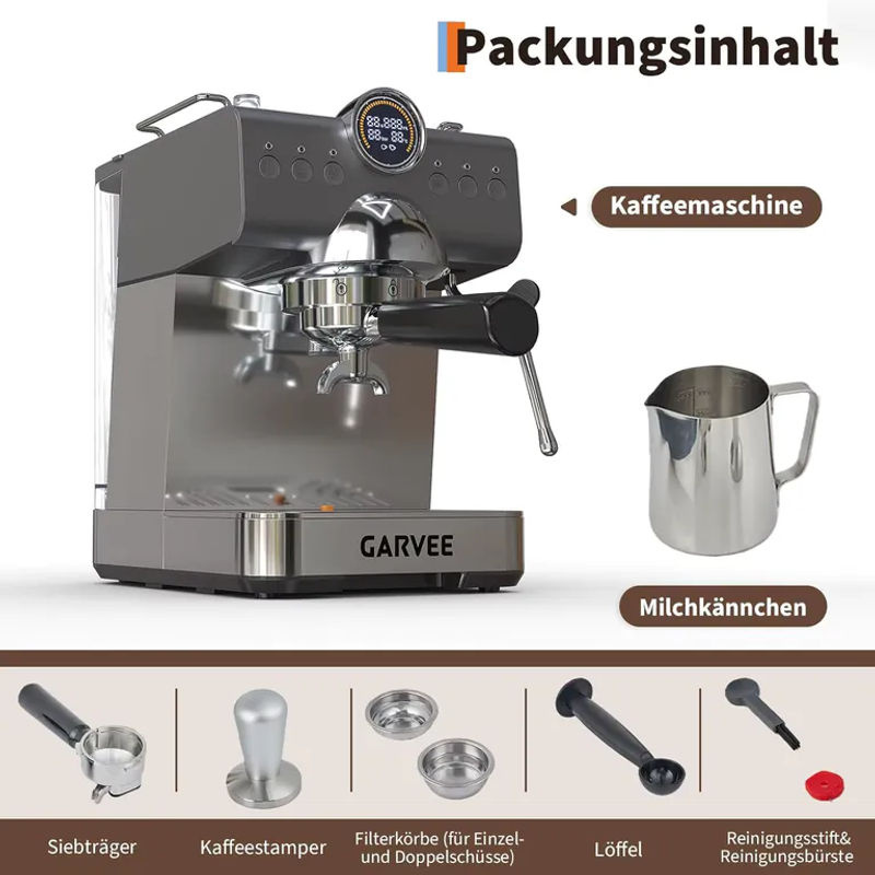 Acekool Espressomaschine mit 20 Bar Druck, 1200W Kaffeemaschine mit Thermoblock, Milchaufschäumer und 1,5 l Wassertank, Silber/Edelstahl - Bild 2