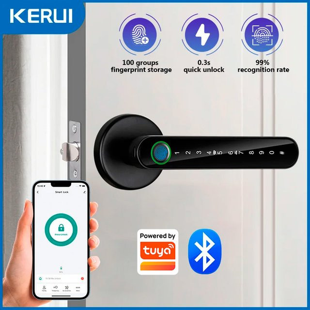 KERUI Smart Fingerabdruck-Türschloss kompatibel mit Tuya App, Elektronisches Türschloss mit Passwort, Schlüssel und Kartenentsperrung in Schwarz oder Silber - Bild 1