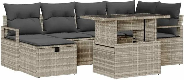 vidaXL Garten-Sofa-Set aus Polyrattan in Hellgrau mit 7-teiliger Polsterung und Kissen für Terrasse und Garten - Bild 1