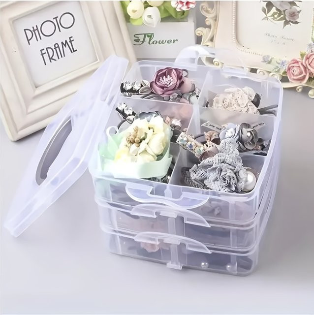 Stapelbare Schmuck-Organizer-Box aus transparentem Kunststoff mit 18 verstellbaren Fächern und Snap-Lock-Verschluss, B/T/H: 14,5 x 12,5 x 12,5 cm - Bild 1