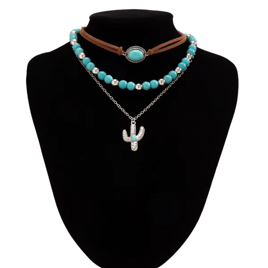 KunJoe Halskette, Multilayer, Blau Stein, Perlen, Kaktus Anhänger, Kreuz, Unisex - Bild 3