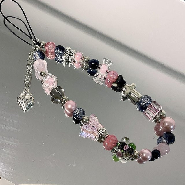 Bellachic Handykette Perlen, Schwarz und Rosa, Lanyard - Bild 1