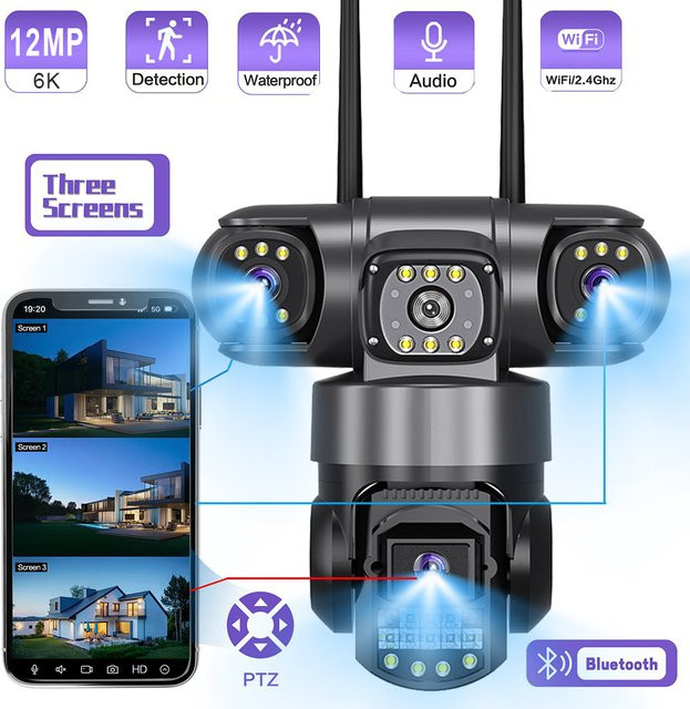 V380 WiFi IP PTZ Kamera Outdoor mit 12MP 6K Auflösung, Drei-Objektiv-System und Nachtsicht, Schwarz - Bild 1