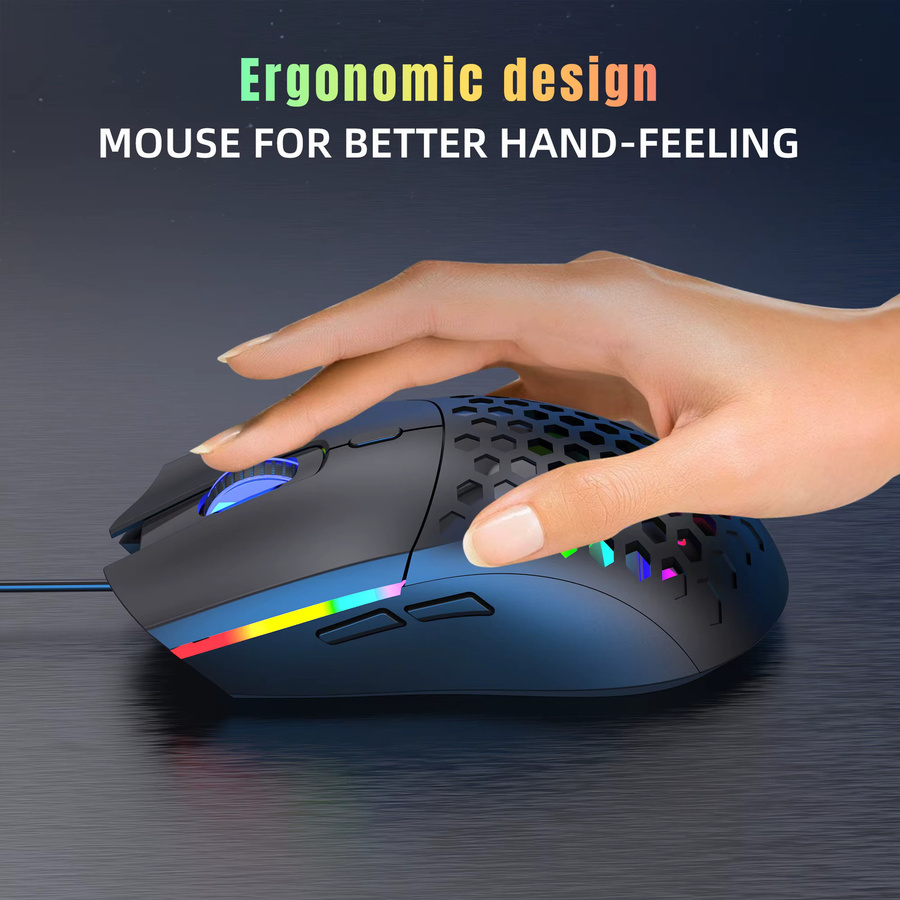 HXSJ RGB Gaming-Maus mit 6400 CPI, 7-Farben-Atmosphärenlicht und optischem Wabendesign in Schwarz - Bild 3