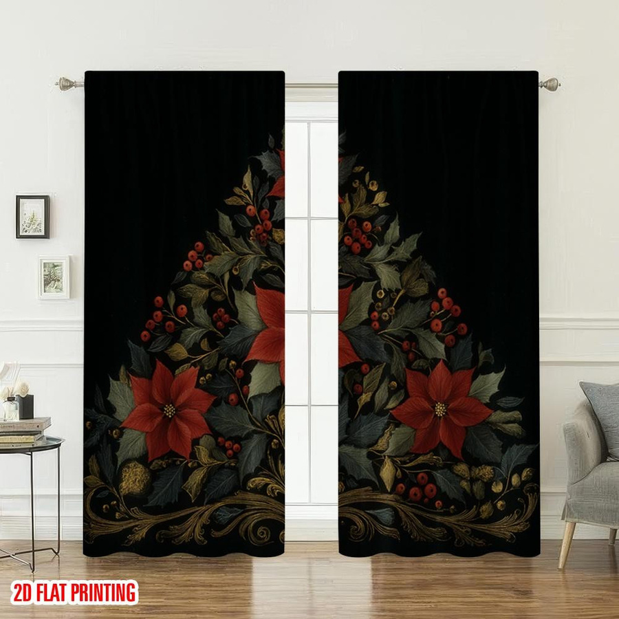 Weihnachtsfeier Vorhang Set mit Weihnachtsstern, Stechpalme und Beeren, digital bedrucktes Polyester, blickdicht, multicolor, B: 100 cm, H: 70 cm - Bild 3
