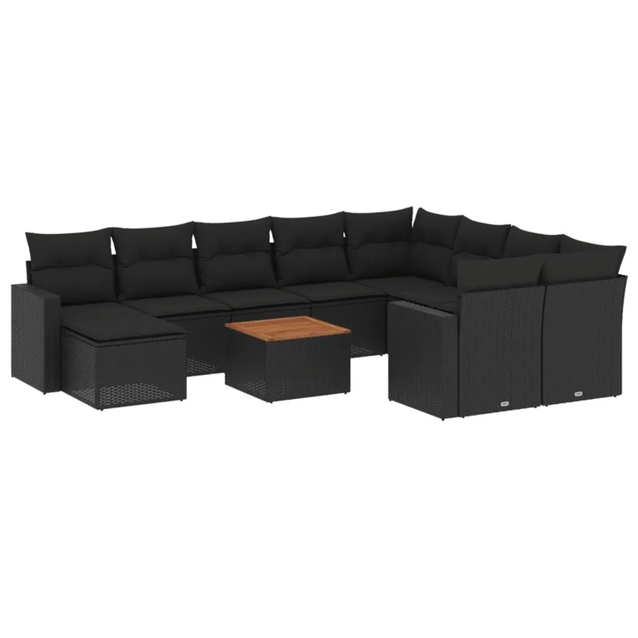 vidaXL 11-teilige Garten-Sofagarnitur in L-Form aus Polyrattan und Akazienholz mit Kissen in Schwarz - Bild 2