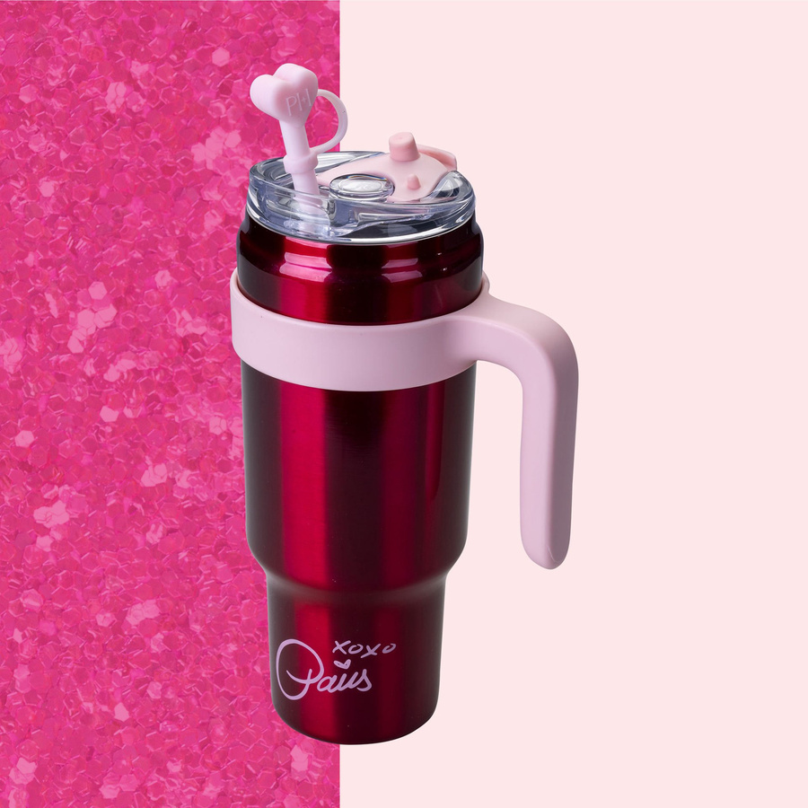 Paris Hilton Trinkbecher mit Strohhalm-Deckel und Herz-Design in Rot und Pink, 1 l - Bild 2