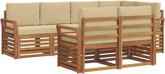 vidaXL Sofagarnitur aus Massivholz Akazie in Natur und Beige, 7-teiliges L-Shape Sofa Set mit Polsterung und Kissen im modernen Latten-Design - Bild 1