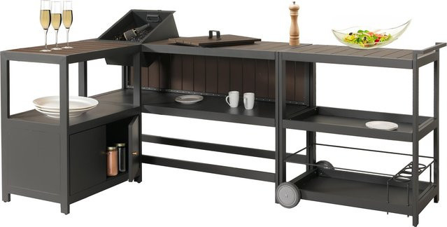 MCW Aluminium Outdoor-Küche 3-teilig M64 in Anthrazit mit dunkler Holzoptik inklusive Eiskübel, Schrank und Servierwagen - Bild 1