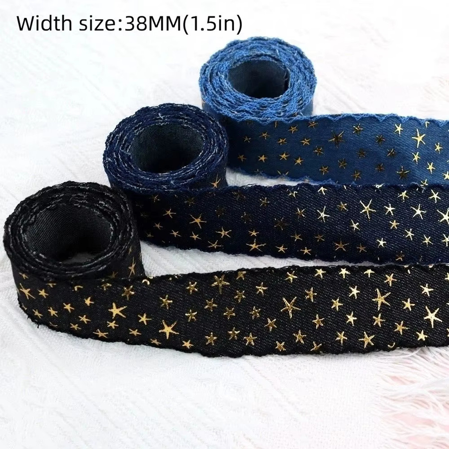 Denim-Stoffband mit goldfarbenem Sternmuster in Blau, Breite: 3,8 cm - Bild 4