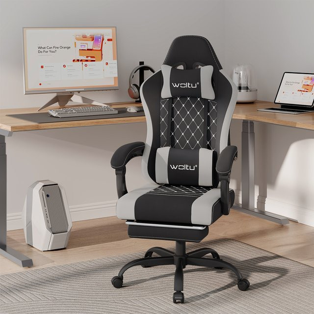 WOLTU Gaming-Stuhl ergonomisch mit Massagefunktion, Fußstütze und verstellbarer Kopfstütze, drehbarer Bürostuhl aus Kunstleder in Schwarz oder Pink - Bild 1