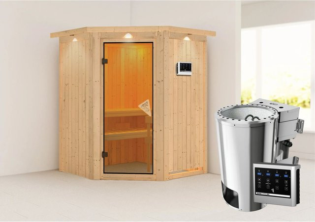 Karibu Sauna mit Bio-Ofen, externe Steuerung und LED-Dachkranz in Natur/Braun - Bild 1
