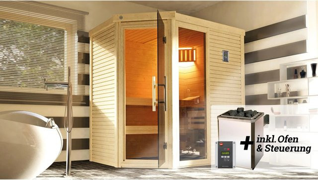 Weka Massivholzsauna Cubilis aus Fichtenholz in Braun mit 7,5 kW Saunaofen und Leuchtenset, B/H/T: 198 x 205 x 148 cm - Bild 1