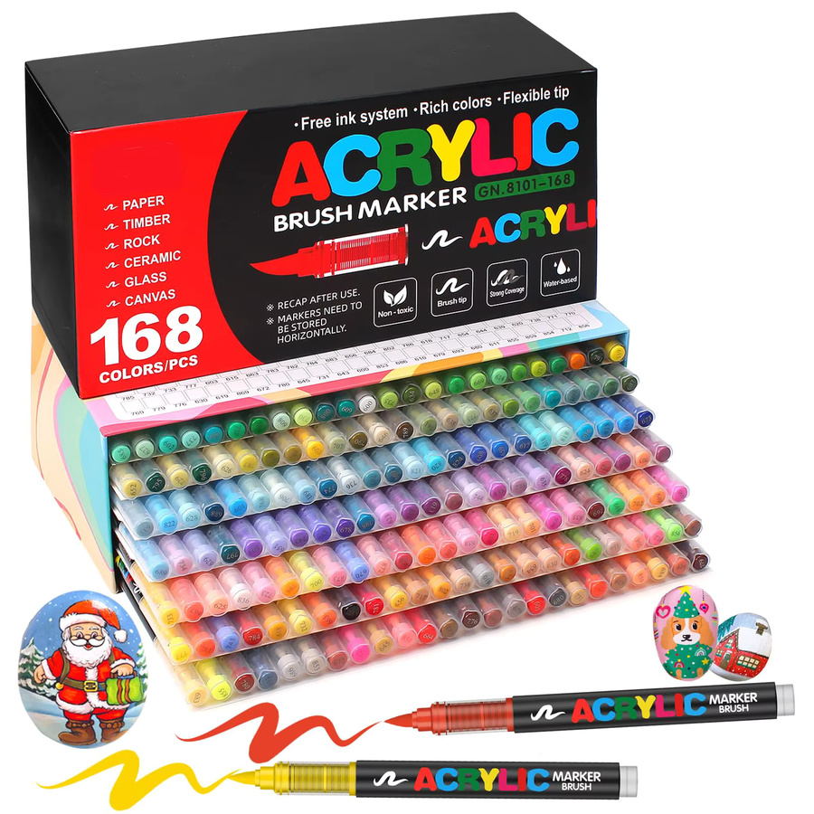 Set mit 168 Acrylmarkern in Multicolour mit Pinselspitze für Felsmalerei, Keramik, Glas, Holz und Stoff - Bild 2