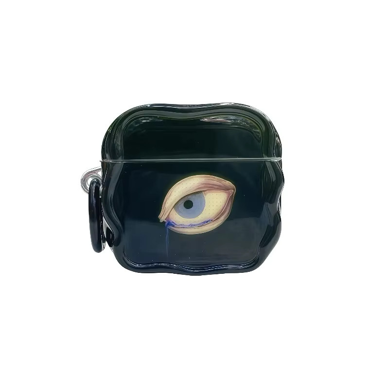 Surreale Kopfhörerhülle mit weinendem Auge und schwarzem Ring für Apple AirPods Pro, Pro 2, Pro 3, AirPods 1, 2, 3, 4 in Schwarz mit glänzendem gewelltem Rand - Bild 3