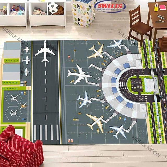 Miniso Dekorativer Teppich mit Flugzeug- und Flughafendesign, Mehrfarbig, B/T: 120 x 80 cm - Bild 1