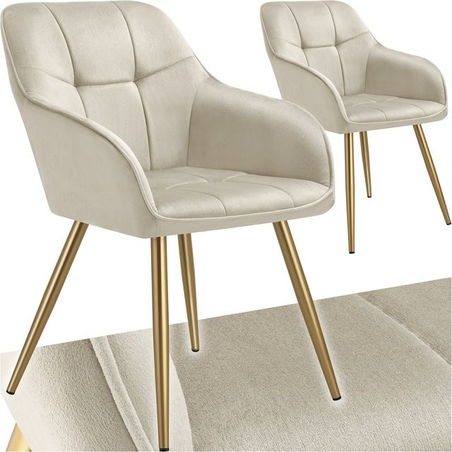 tectake Esszimmerstuhl Marilyn, gepolstert in Samtoptik mit Steppmuster, beige/gold, B/T/H: 58 x 62 x 82 cm - Bild 1