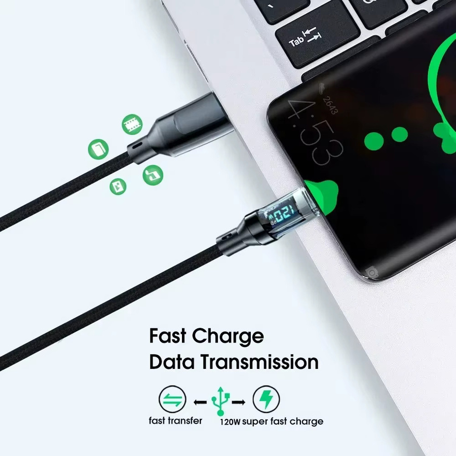 120 W USB-A auf USB-C Datenkabel mit Digitalanzeige für Samsung, Huawei, Xiaomi, iPhone und OnePlus in Schwarz - Bild 4