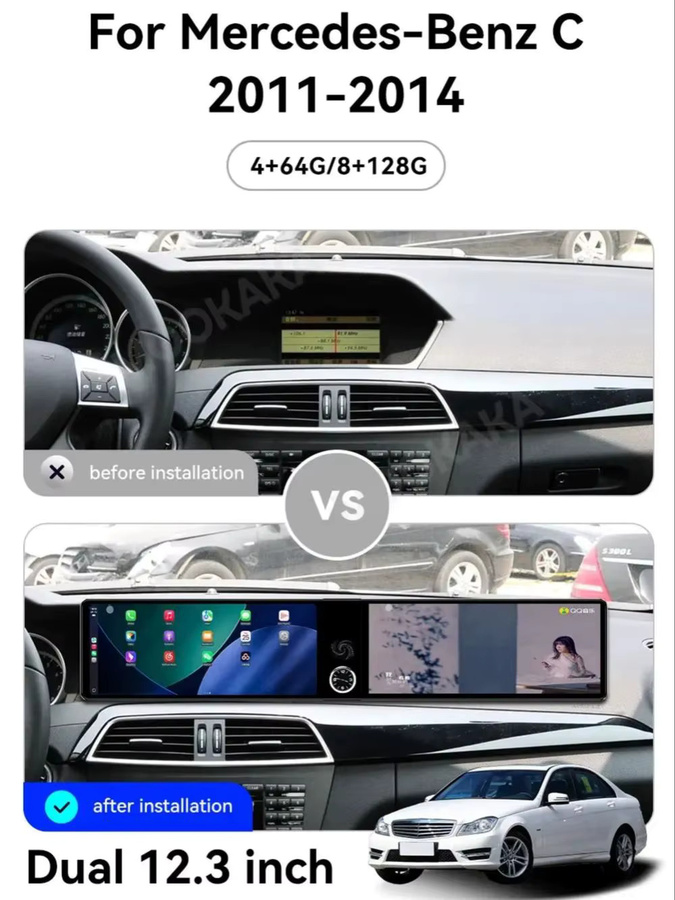 Aotsr Android Autoradio mit Dual Screen für Mercedes Benz C-Klasse W204 2011-2014, 24,6 Zoll Multimedia Stereo mit GPS und CarPlay, Schwarz - Bild 3
