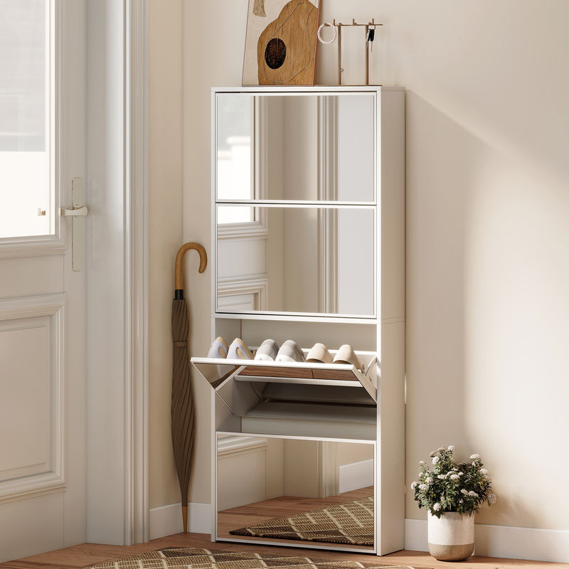 HOMCOM Schmaler Schuhschrank mit Spiegel und 4 Klapptüren in Weiß, ideal für den Flur und kleine Räume, B/T/H: 63 x 17 x 146 cm - Bild 2