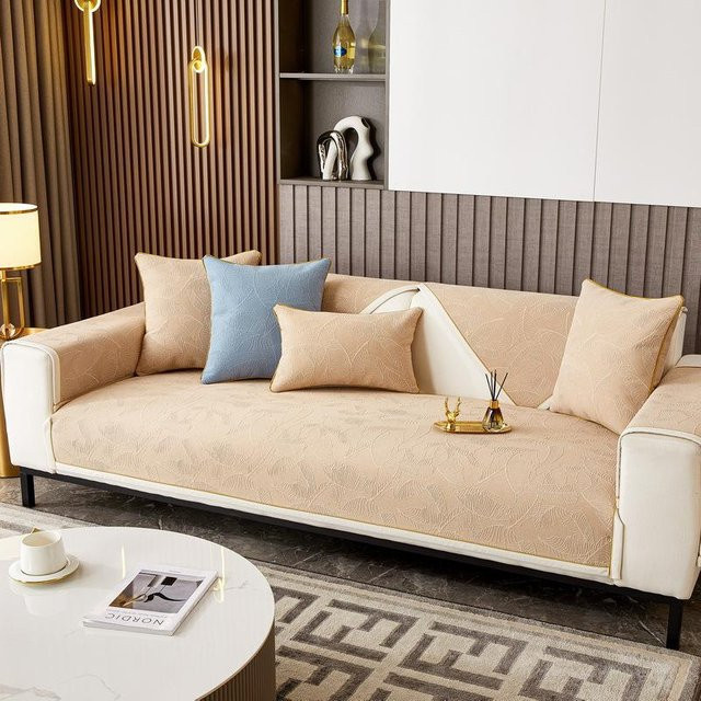 Modernes Sofakissen Super Six mit Blattmuster aus Chenille in Beige, B/B: 70 x 70 cm - Bild 1