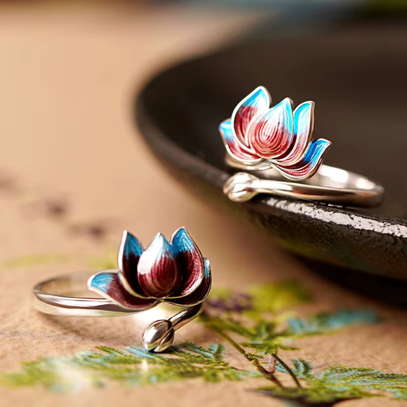 Lotus Blume Öffnungsring, 925 Silber, Blau, Cloisonné - Bild 2