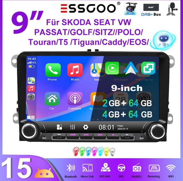 ESSGOO Android 15 Autoradio mit 9 Zoll Display, 4+64GB Speicher, GPS, Bluetooth, WiFi und Wireless CarPlay für VW Golf 5 6, Touran, Caddy, Jetta, Passat und Polo in Schwarz - Bild 1