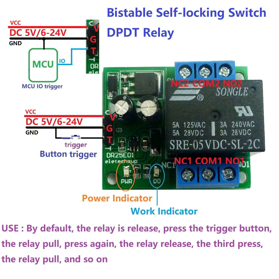 Eletechsup Bistabiles Flip-Flop-Verriegelungsrelais Modul DPDT mit Selbstsicherung für 6V 9V 12V 24V Dr25e01 - Bild 4