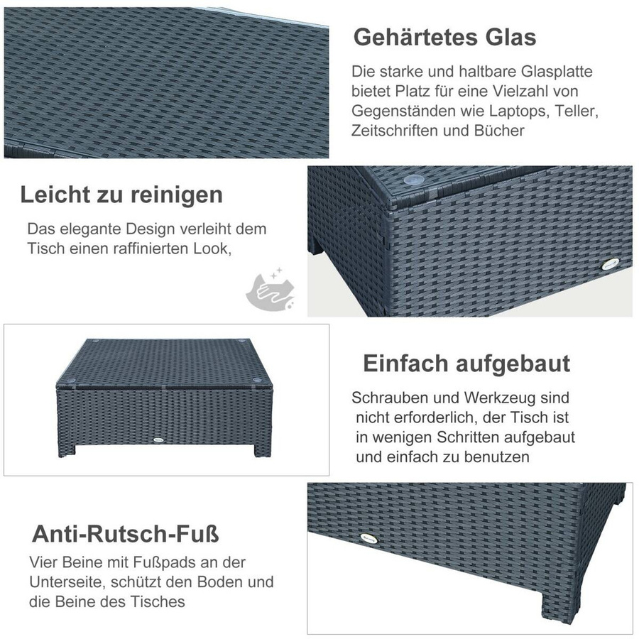 Outsunny Beistelltisch in Schwarz mit PE-Rattan und gehärtetem Glas für Garten, Balkon und Terrasse, B/T/H: 85 x 50 x 39 cm - Bild 2